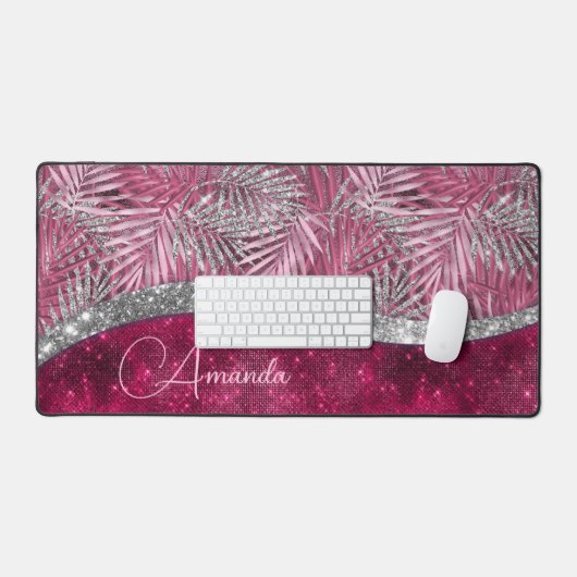 Chic blush roze fuchsia glitter blad monogram bureaumat (Keyboard & Muis)