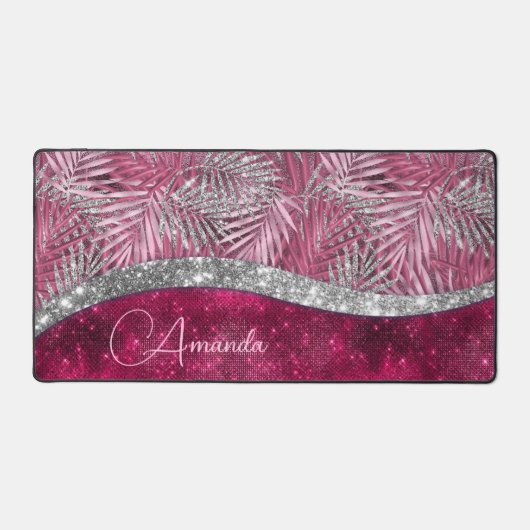 Chic blush roze fuchsia glitter blad monogram bureaumat (Voorkant)