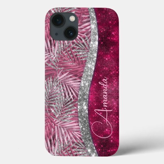 Chic blush roze fuchsia glitter blad monogram Case-Mate iPhone case (Achterkant)