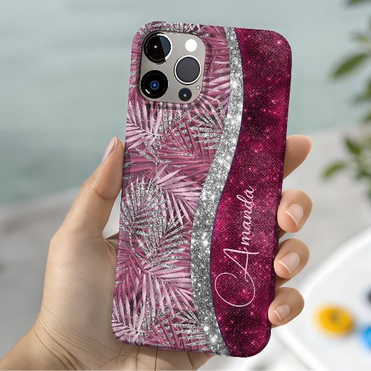 Chic blush roze fuchsia glitter blad monogram Case-Mate iPhone case