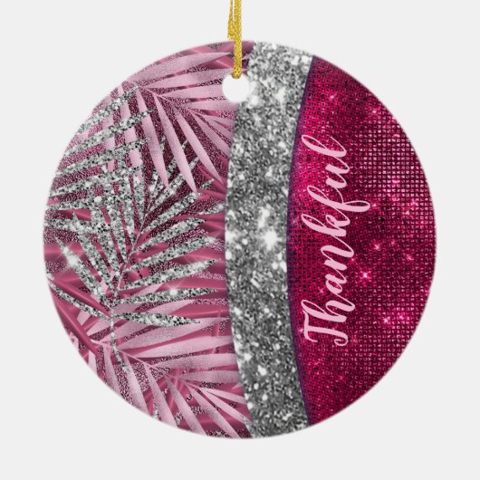 Chic blush roze fuchsia glitter blad monogram keramisch ornament (Achterkant)