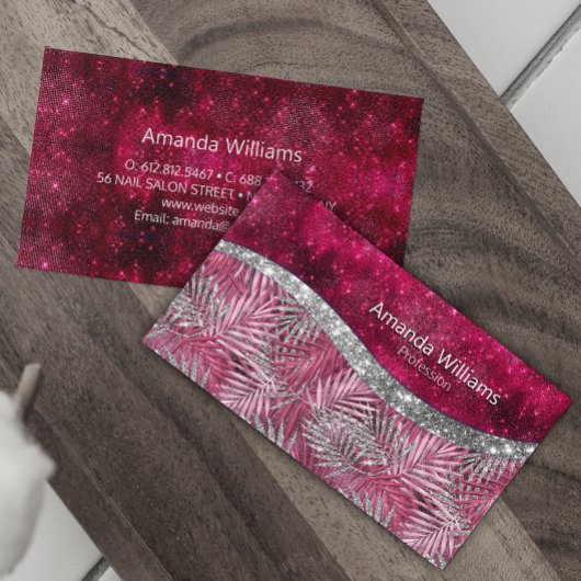 Chic blush roze fuchsia glitter blad monogram visitekaartje