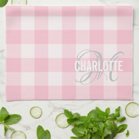 Chic blush roze gingham monogram theedoek (Gevouwen)