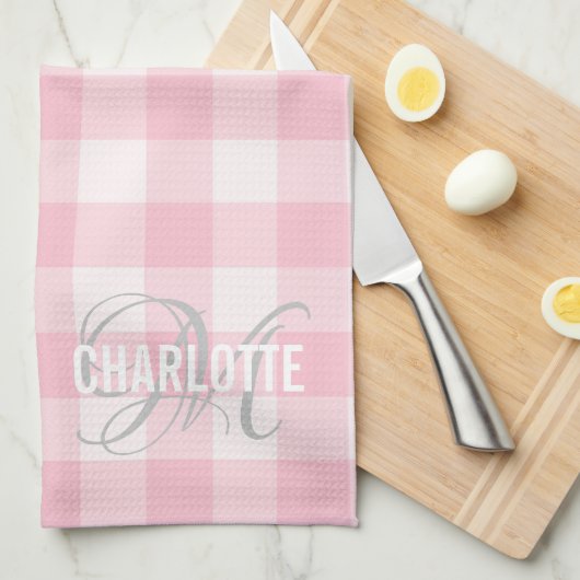 Chic blush roze gingham monogram theedoek (Quarter Fold)