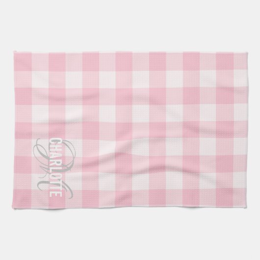 Chic blush roze gingham monogram theedoek (Horizontaal)