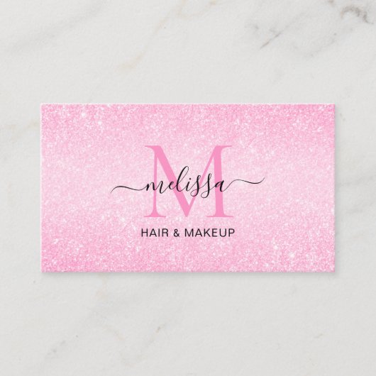 Chic Blush Roze Glitter Monogram Visitekaartje (Voorkant)