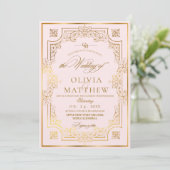 Chic Blush Roze & Goud Flora Script Wedding Kaart (Staand voorkant)
