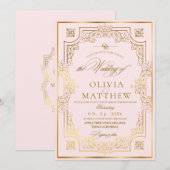 Chic Blush Roze & Goud Flora Script Wedding Kaart (Voorkant / Achterkant)