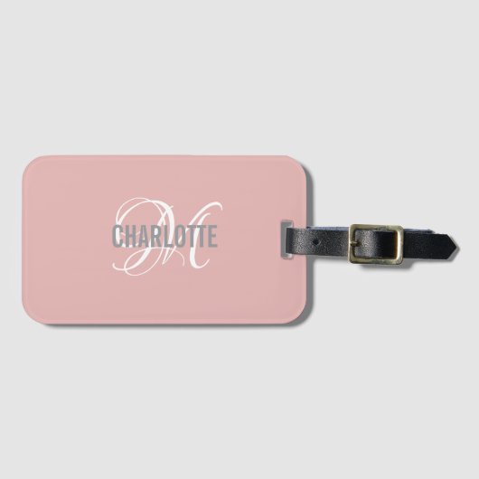 Chic blush roze monogrammatica name bagagelabel (Voorkant (horizontaal))