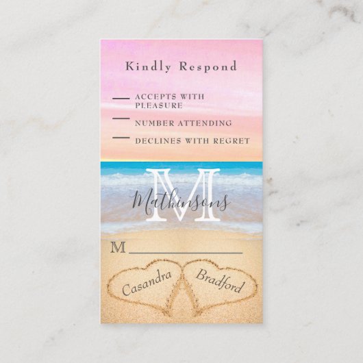 Chic Blush Roze Paarse Harten Zand RSVP Informatiekaartje (Achterkant)