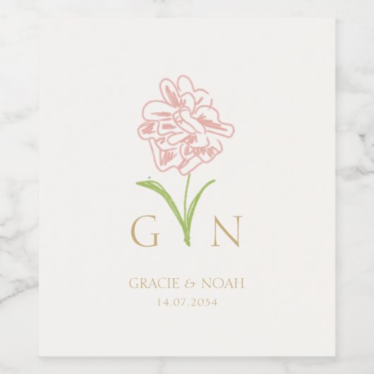 Chic Blush Roze Rose Initialen bruiloft Wijn Etiket (Enkel label)