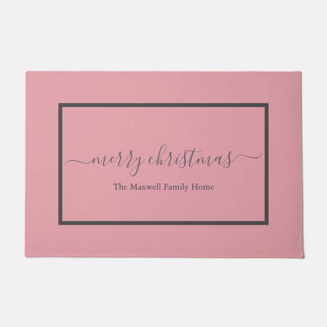 Chic blush roze script familienaam Kerstmis Deurmat (Voorkant)