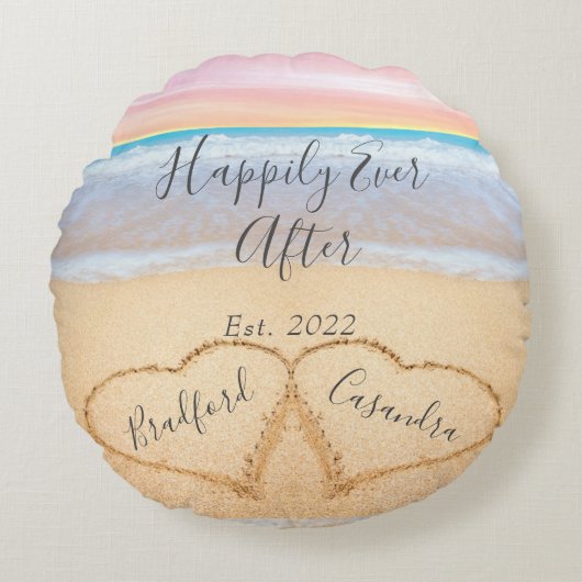 Chic Blush Roze Strand Koppels Harten Zand Rond Kussen (Voorkant)