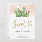 Chic Blush Roze Waterverf & Cactus Sweet 16 Kaart (Voorkant)