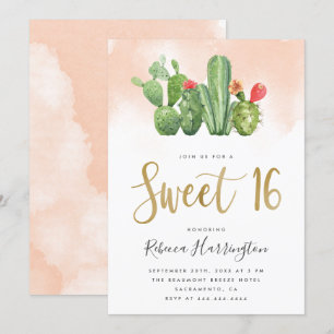 Chic Blush Roze Waterverf & Cactus Sweet 16 Kaart