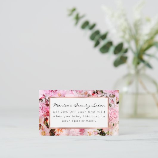 Chic  Blush Roze Waterverf Rozen Floral Kortingskaartje (Staand voorkant)