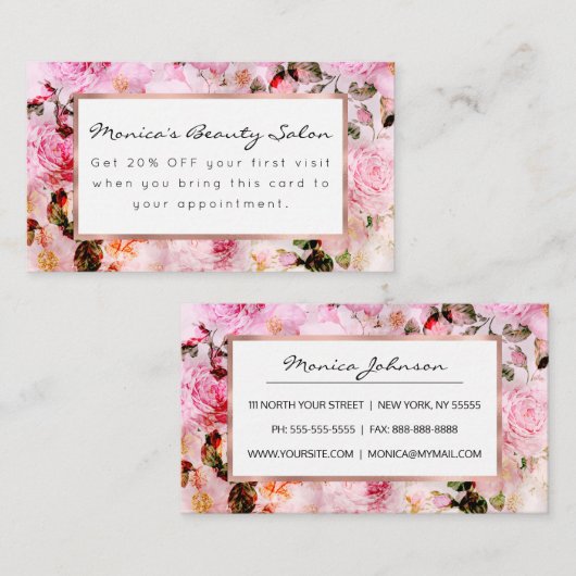 Chic  Blush Roze Waterverf Rozen Floral Kortingskaartje (Voorkant / Achterkant)