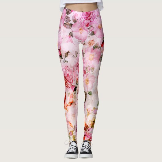 Chic  Blush Roze Waterverf Rozen Floral Leggings (Voorkant)