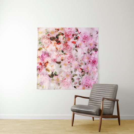 Chic  Blush Roze Waterverf Rozen Floral Wandkleed (In Situ (horizontaal))
