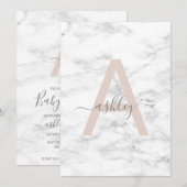 Chic Blush Roze Wit Marmer Monogram Baby shower Kaart (Voorkant / Achterkant)
