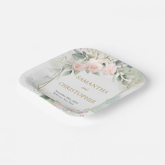 Chic blush rozen gouden lijst eucalyptus bruiloft papieren bordje (Gebogen)