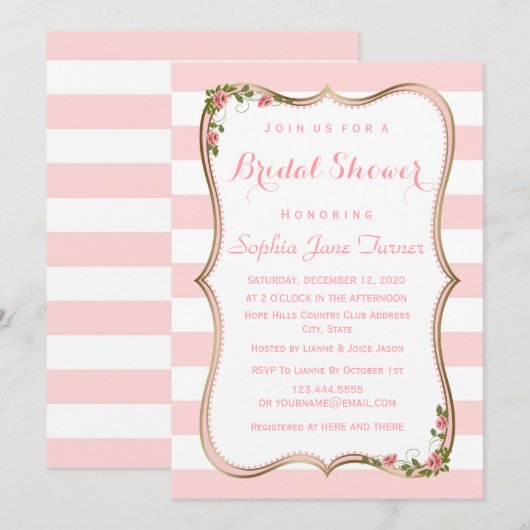 Chic Blush Stripes Gold Floral Vrijgezellenfeest Kaart (Voorkant / Achterkant)