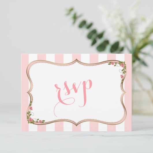Chic Blush Stripes Goud Bloemen Huwelijk RSVP (Staand voorkant)