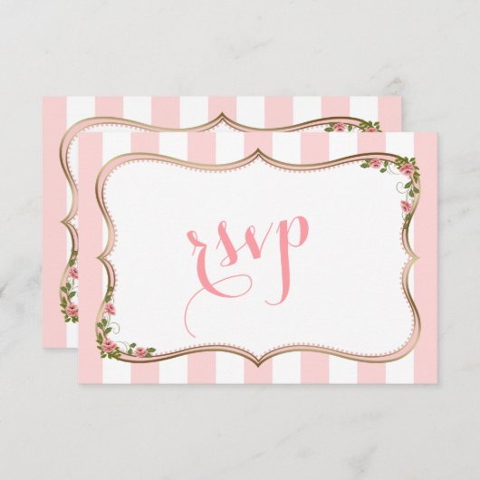 Chic Blush Stripes Goud Bloemen Huwelijk RSVP (Voorkant / Achterkant)
