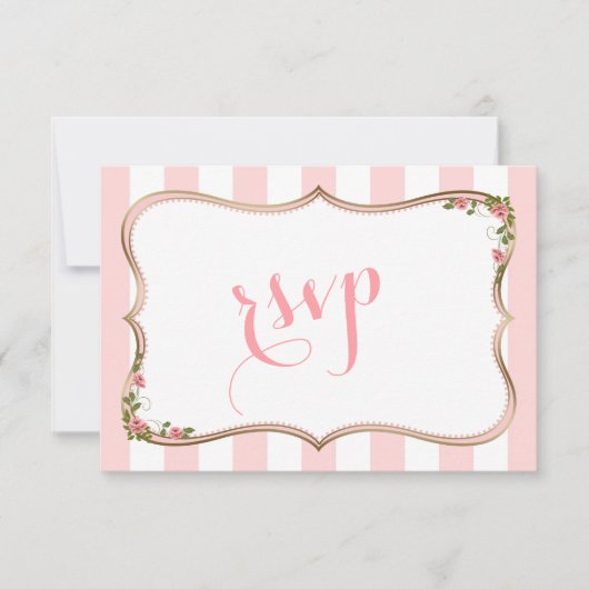 Chic Blush Stripes Goud Bloemen Huwelijk RSVP Kaartje (Voorkant)