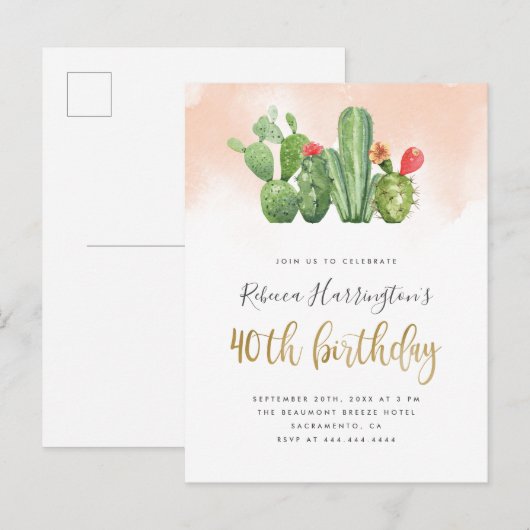 Chic Blush Waterverf & Cactus 40th Birthday Uitnodiging Briefkaart (Voorkant / Achterkant)