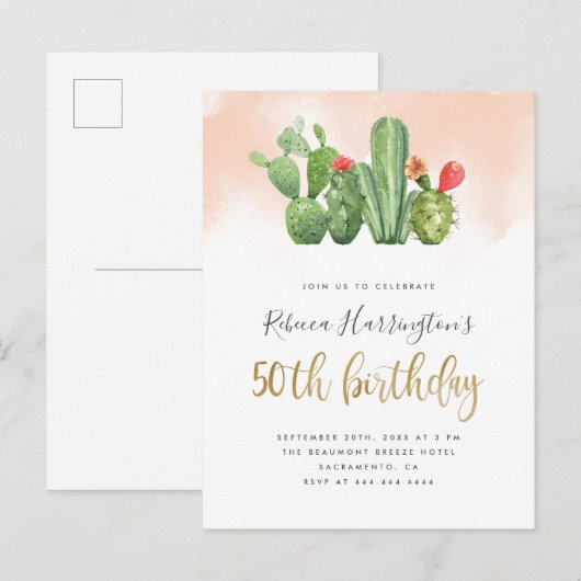 Chic Blush Waterverf & Cactus 50ste verjaardag Uitnodiging Briefkaart (Voorkant / Achterkant)