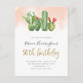 Chic Blush Waterverf & Cactus 50ste verjaardag Uitnodiging Briefkaart (Voorkant)