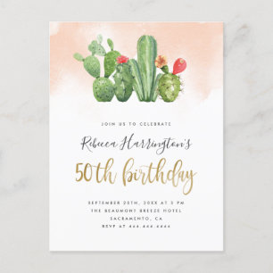Chic Blush Waterverf & Cactus 50th Birthday Uitnodiging Briefkaart