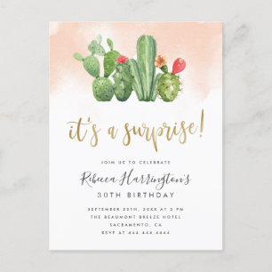 Chic Blush Waterverf & Cactus Surprise Party Uitnodiging Briefkaart