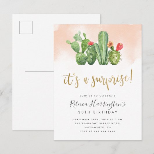 Chic Blush Waterverf & Cactus Surprise Party Uitnodiging Briefkaart (Voorkant / Achterkant)