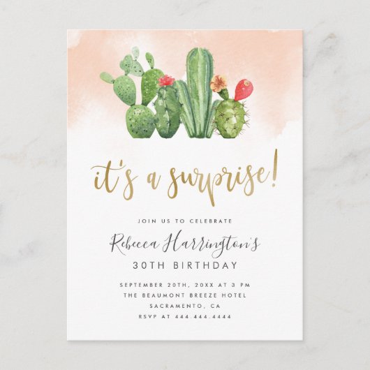 Chic Blush Waterverf & Cactus Surprise Party Uitnodiging Briefkaart (Voorkant)