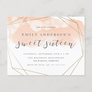 Chic Blush Waterverf Goud Geometrische Sweet 16 Uitnodiging Briefkaart