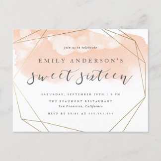 Chic Blush Waterverf Goud Geometrische Sweet 16 Uitnodiging Briefkaart