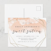 Chic Blush Waterverf Goud Geometrische Sweet 16 Uitnodiging Briefkaart (Voorkant / Achterkant)