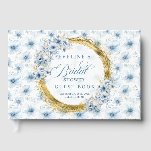 Chic Boheemse Pastel Blauw Wijze Goud Glitter Bloe Gastenboek (Voorkant)