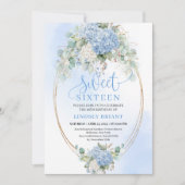 Chic Bohemian Blue Floral Gold Sweet 16 Invite Kaart (Voorkant)