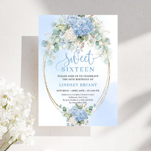 Chic Bohemian Blue Floral Gold Sweet 16 Invite Kaart