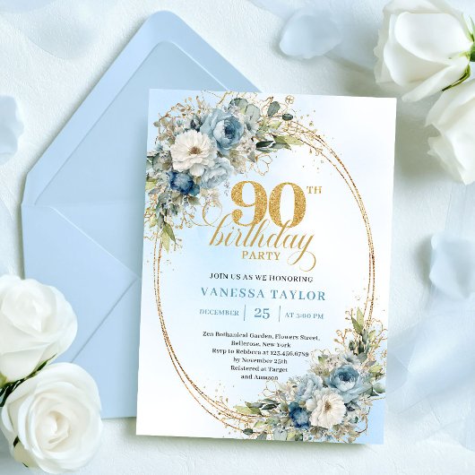 Chic Bohemian Blue Floral Greenery 90th Birthday Kaart