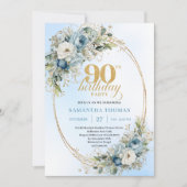 Chic Bohemian Blue Floral Greenery 90th Birthday Kaart (Voorkant)