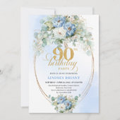 Chic Bohemian Blue Flowers 90th Birthday Invite Kaart (Voorkant)