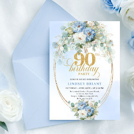 Chic Bohemian Blue Flowers 90th Birthday Invite Kaart