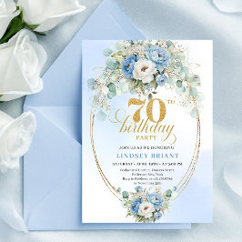 Chic Bohemian Blue Flowers and Gold 70th Birthday Kaart