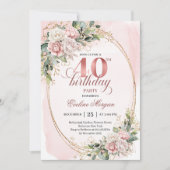Chic Bohemian Blush Floral 40 Birthday Invitation Kaart (Voorkant)