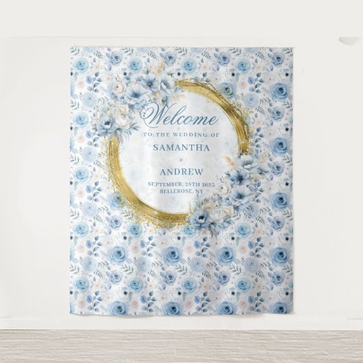 Chic Bohemian Lichtblauw Goud Huwelijksachtergrond Wandkleed (Voorkant)