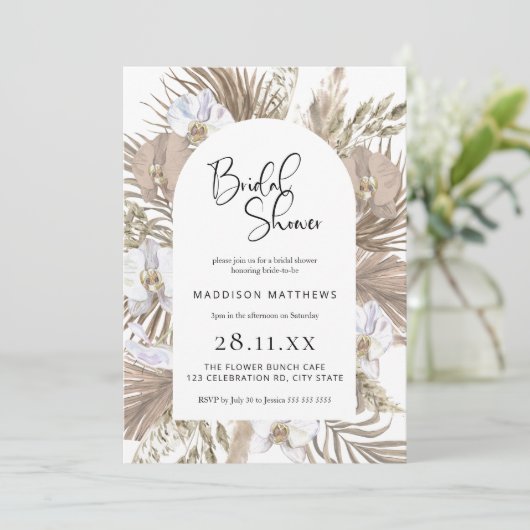 Chic Bohemian Palm Arch: Perfect Roze Douche Kaart (Staand voorkant)